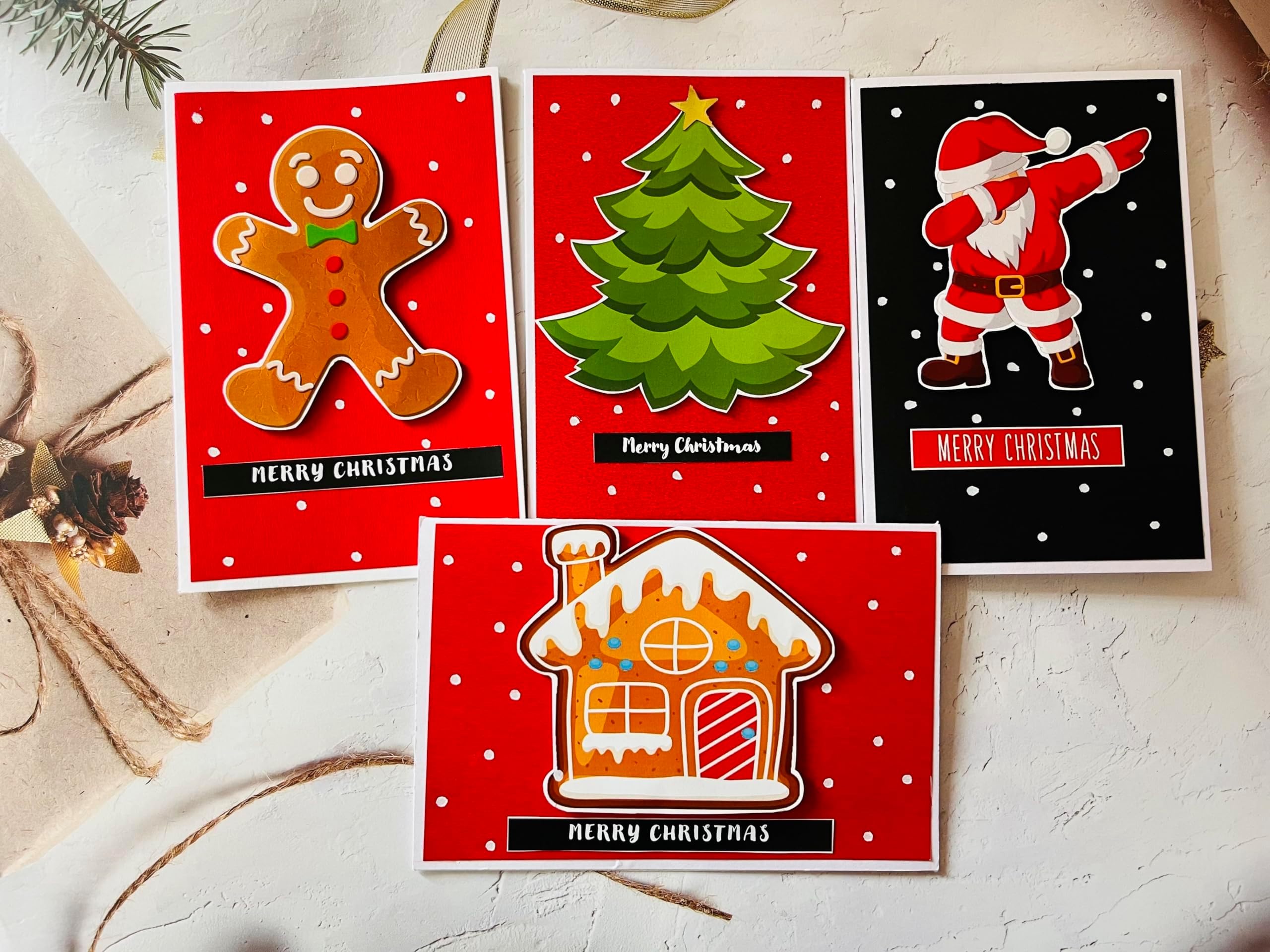 Crafted Forever handmade set of Christmas greeting cards, 4x6 inch size, blank inside, envelopes included, handmade with love (Assorted)