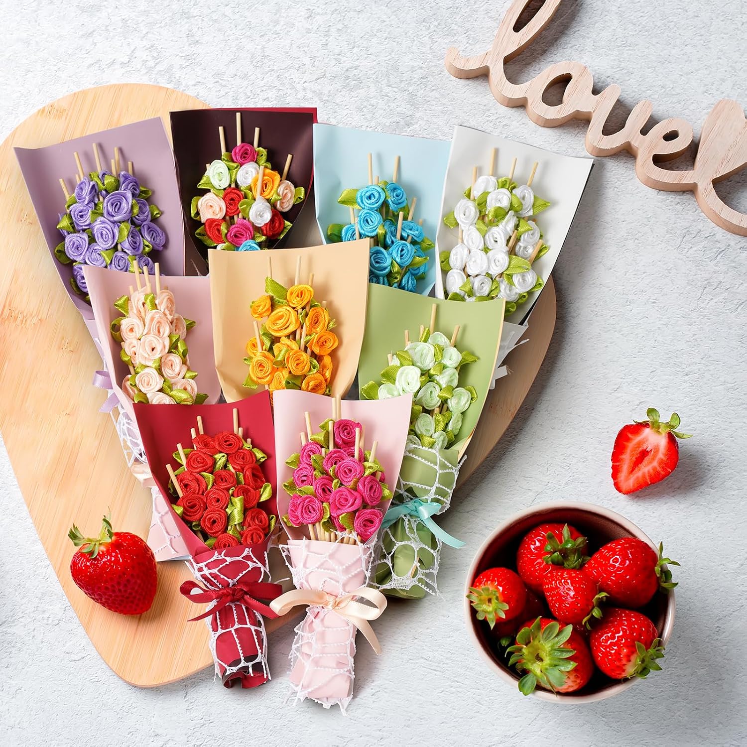 Minisland Multicolor Rose Flower Bamboo Cocktail Picks, Fancy Toothpicks