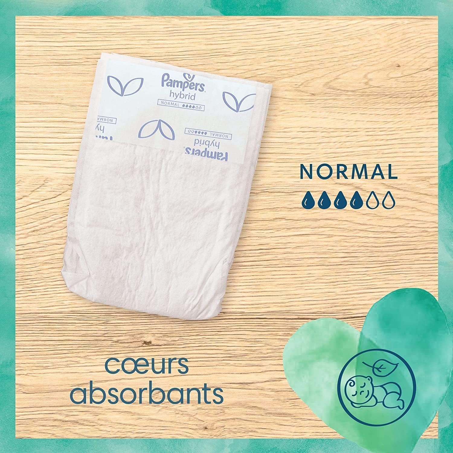 Pampers Harmonie Hybrid, 216 corazones de protección desechables para pañal lavable híbrido, 100% de absorción, protege la piel sensible de los bebés, ingredientes de origen vegetal y sin perfume