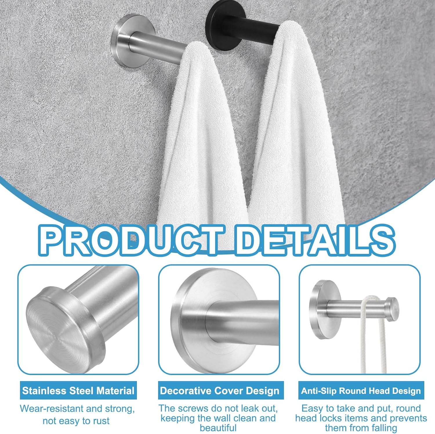 2 Pcs Stainless Steel Bathroom Towel Hooks, 6x0.7 Inch Heavy Duty Robe Coat Hooks Round Wall Mounted Hook with Screws for Bedroom Kitchen Closet Cabinet, Silver