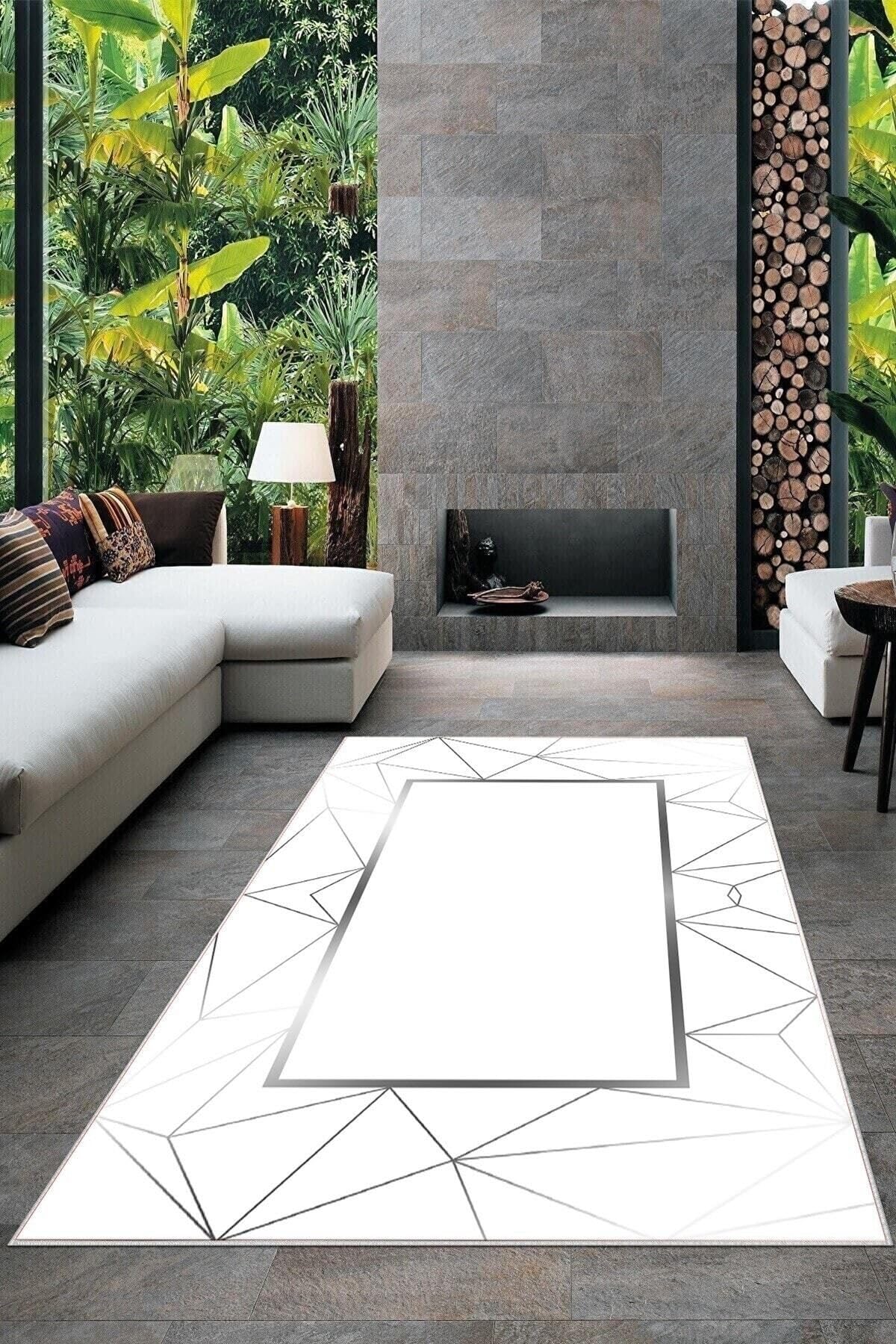 Pelangi Beyaz Zemin Gri Çizgili Yıkanabilir Kaymaz Taban Leke Tutmaz Modern Salon Halısı Ve Yolluk, Beyaz 100 x 400, 7457128010040005