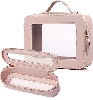 Travel Makeup Bag with Brush Case Portable Transparent Cosmetic Bag and Toiletry Bag Waterproof Makeup Organizer with Zipper Car Essential for Women (Pink, L+Slim)