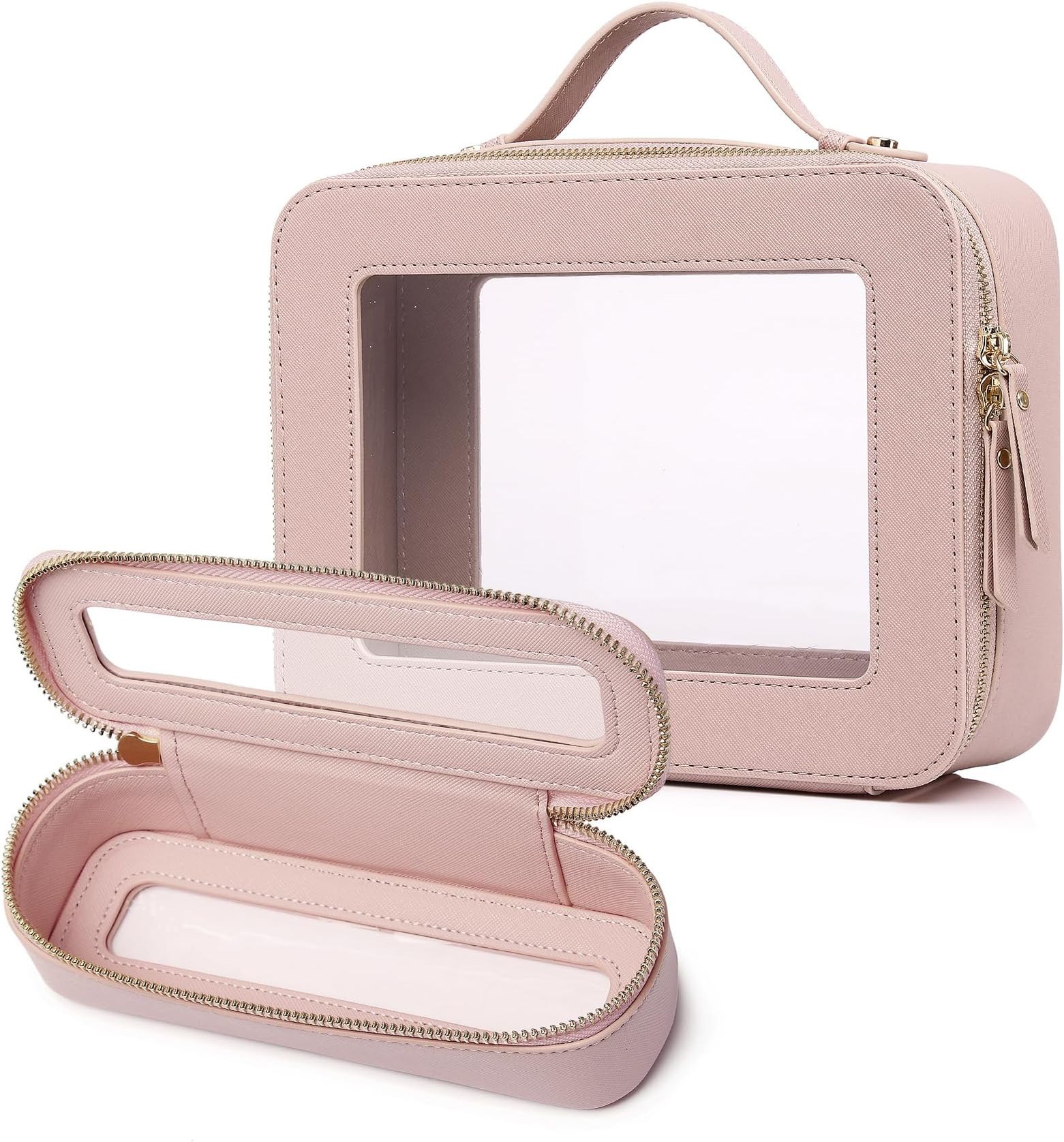 Travel Makeup Bag with Brush Case Portable Transparent Cosmetic Bag and Toiletry Bag Waterproof Makeup Organizer with Zipper Car Essential for Women (Pink, L+Slim)