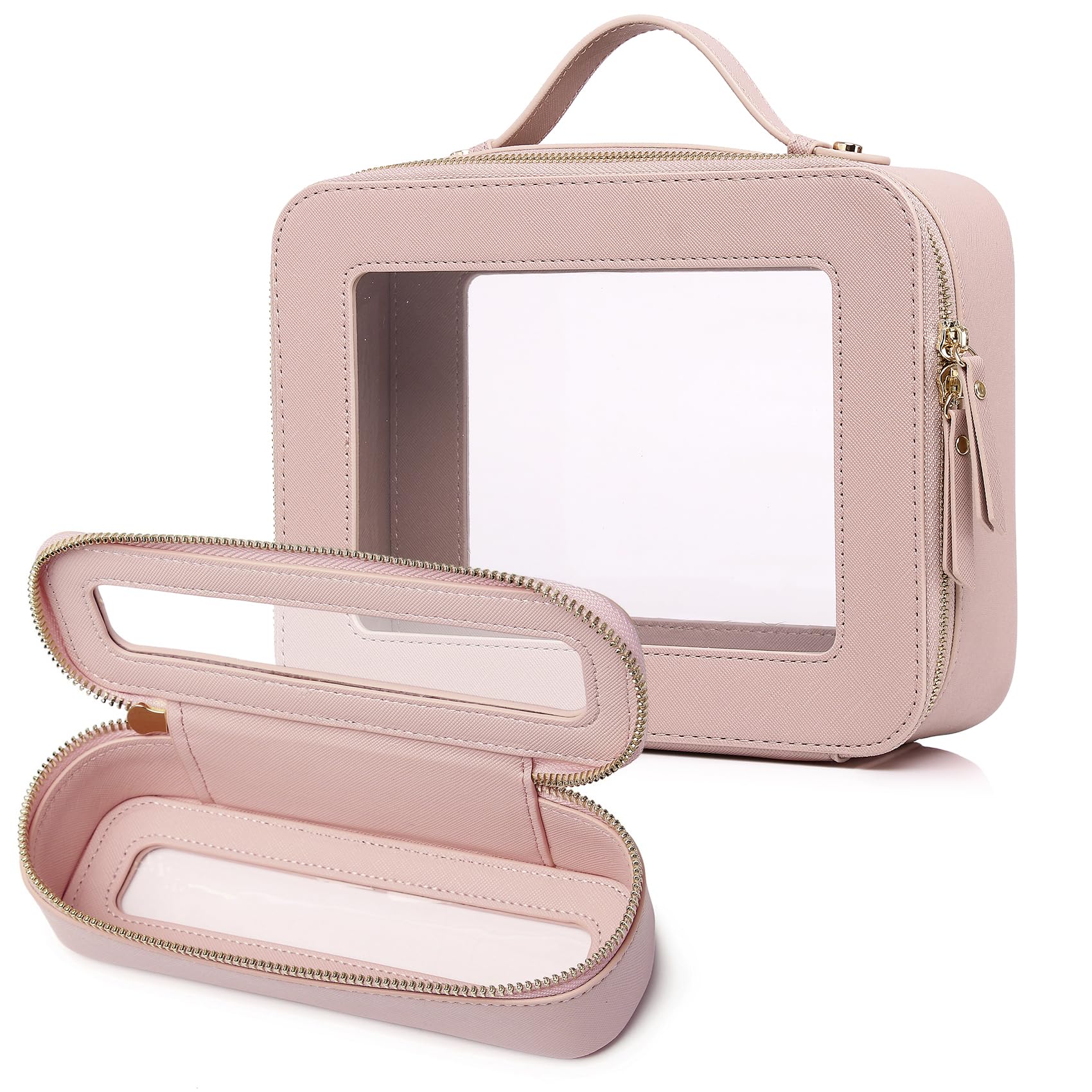 Travel Makeup Bag with Brush Case Portable Transparent Cosmetic Bag and Toiletry Bag Waterproof Makeup Organizer with Zipper Car Essential for Women (Pink, L+Slim)