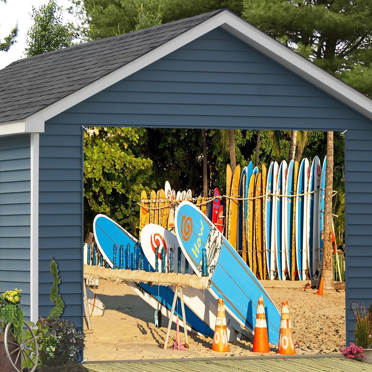 7x8ft Surfboard Garage Door Decor Colorful Beach Boards Tropical Palm Tree Sandy Shore Seaside Landscape Garage Door Cover for Indoor Outdoor Coastal Festive Decor