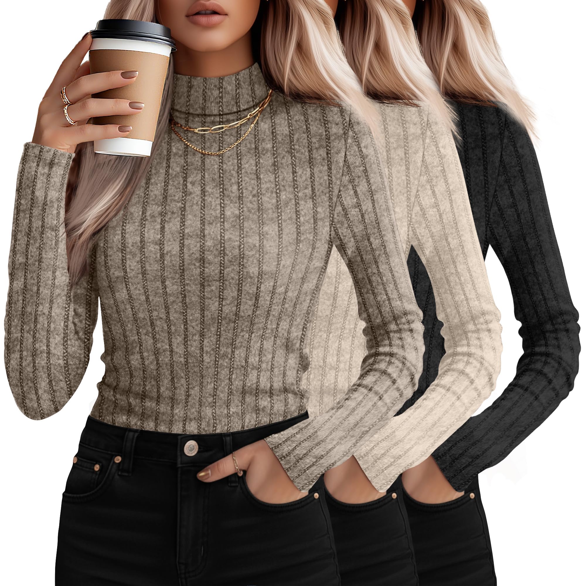 3 Pack Womens Mock Turtleneck Sweaters Long Sleeve Ribbed Knit Tops Fit Soft Thermal Underwear Lightweight Fall Pullover