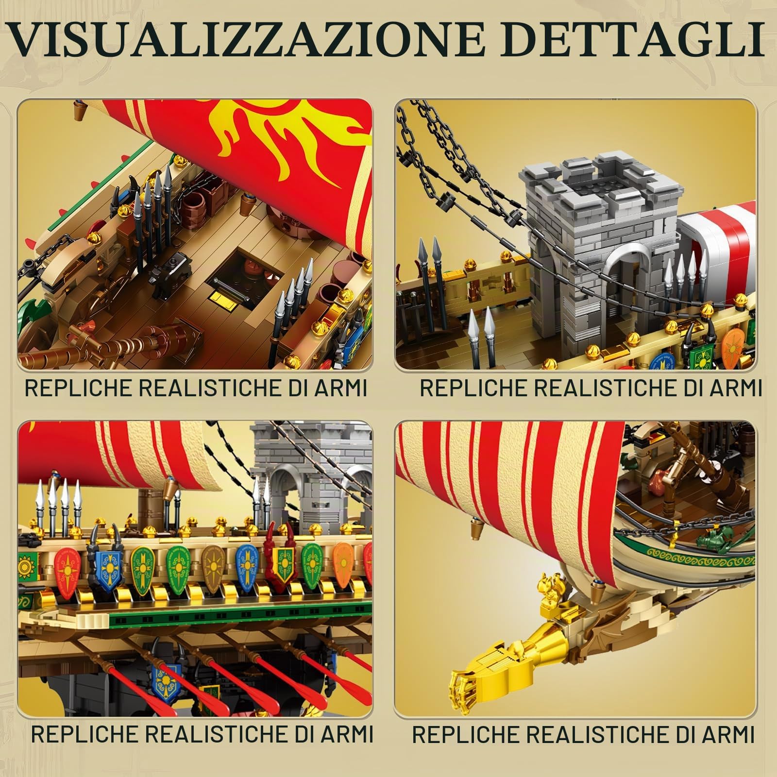 Reobrix Set di costruzione di navi pirata, nave da guerra greca militare 66102, classica antica nave da guerra greca, set di giocattoli di navi pirata da collezione, giocattolo per 14+