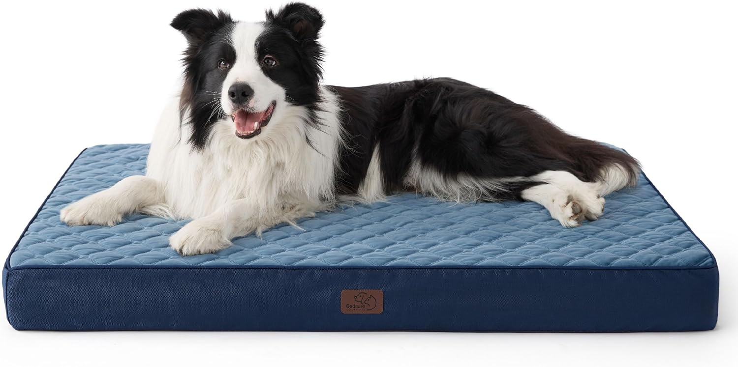 Bedsure Orthopedic Dog Bed for Large Dogs – Thick Flat Memory Foam Pet Mattress with Removable Washable Cover and Egg Crate Foam, Suitable for Pet Up to 65 lbs, 36x27x3.5 Inches, Navy