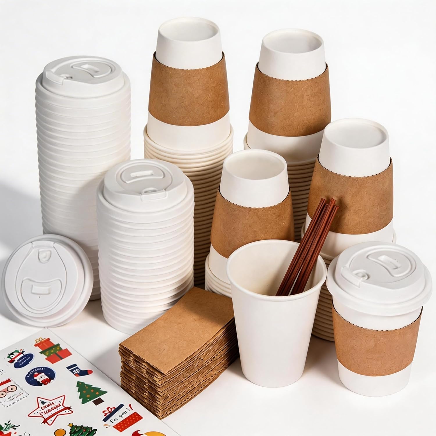 【200 Pack 12 oz coffee cups with lids,disposable coffee cups with lids,Sleeves, and Stirrers,Hot/Cold Beverage Drinking Cup for Water, Juice or Tea, Suitable for Home, Shops and Cafes