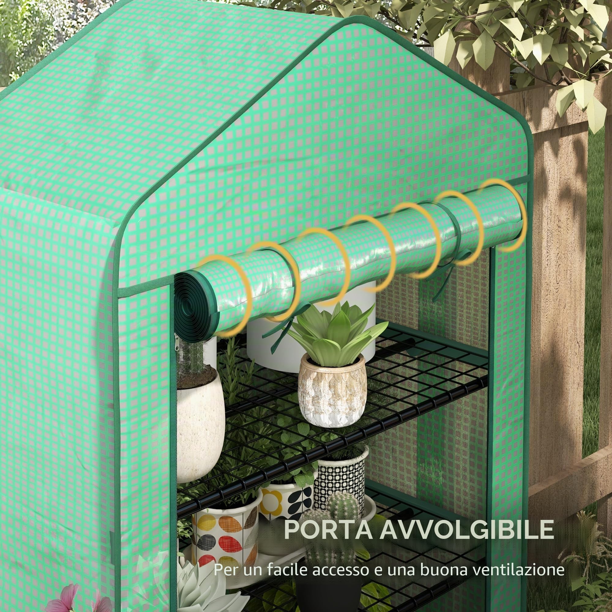 Outsunny Mini serra allargata a 4 ripiani, copertura PE rinforzata, Verde | Serra portatile, porta a cerniera, ripiani in metallo, interno/esterno, 90x49x160cm
