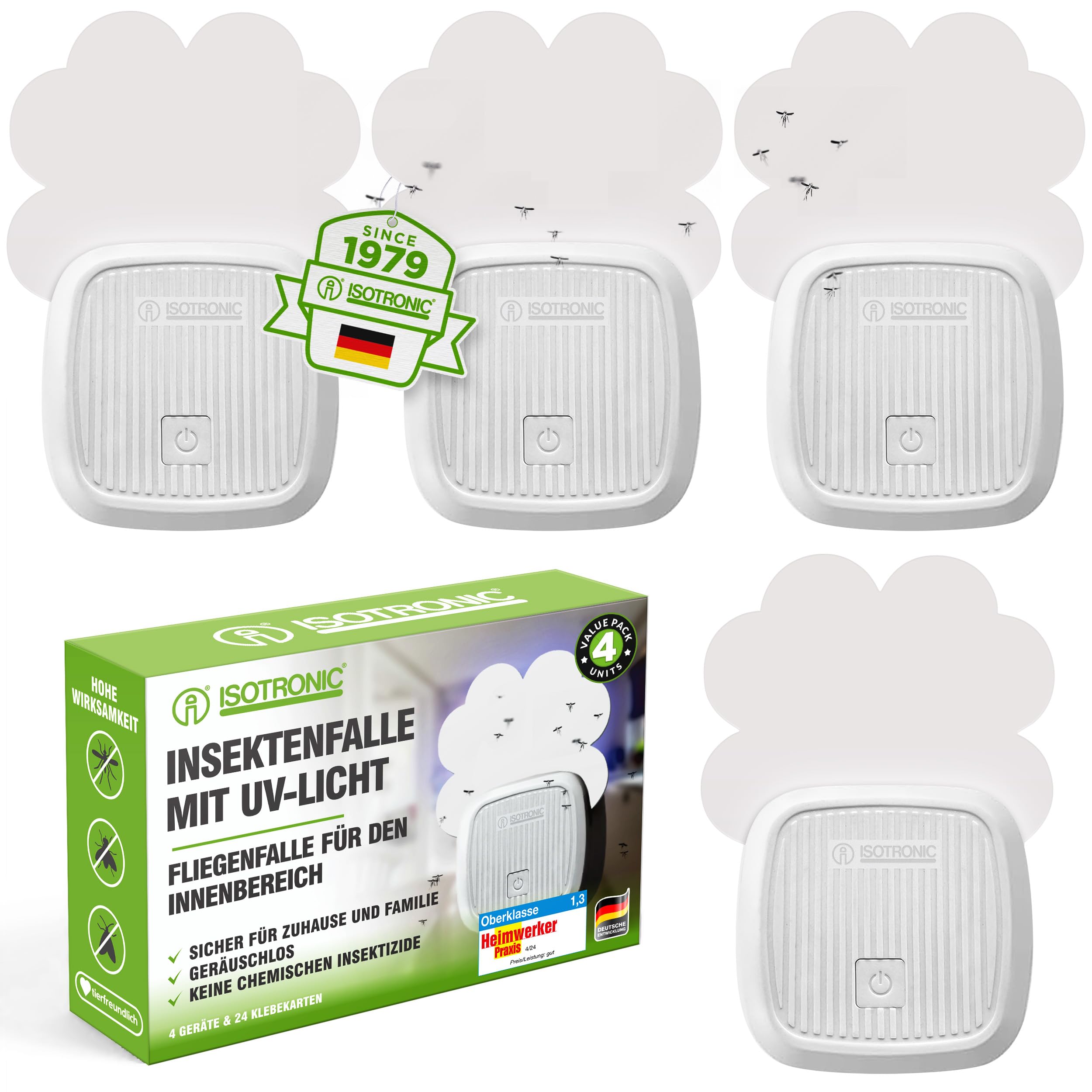 ISOTRONIC Mückenstecker gegen Mücken, Fliegen & Motten – effektiver Mückenschutz mit UV-Licht & Klebefolien – lautloser Gelsenstecker für Innen – Mückenfalle mit 20m² Wirkungsbereich (4 Stück)