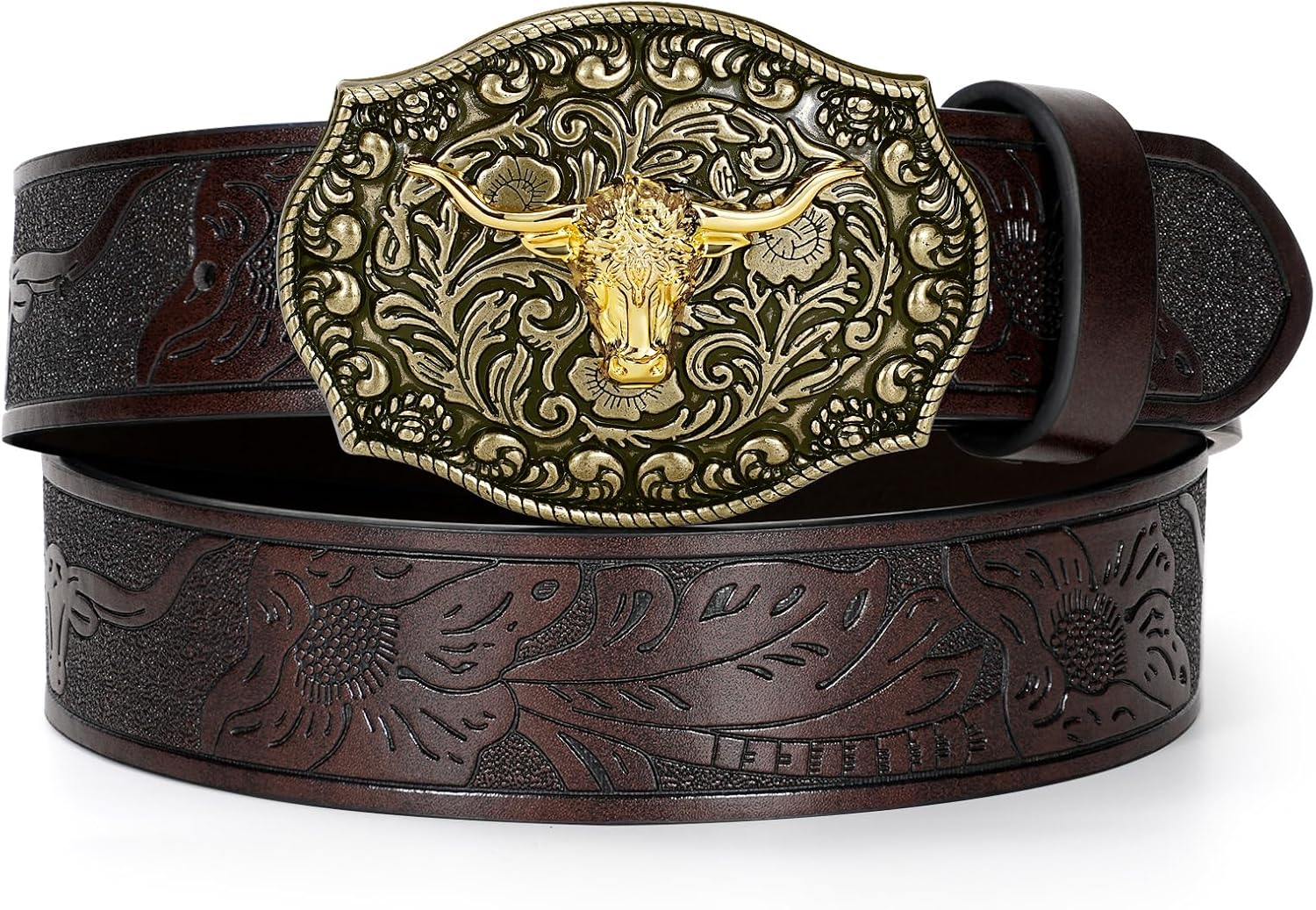 TRIWORKS Western PU Leather Belt for Men and Women Cowboy Cowgirl Belt Western Embossed Leather Belt