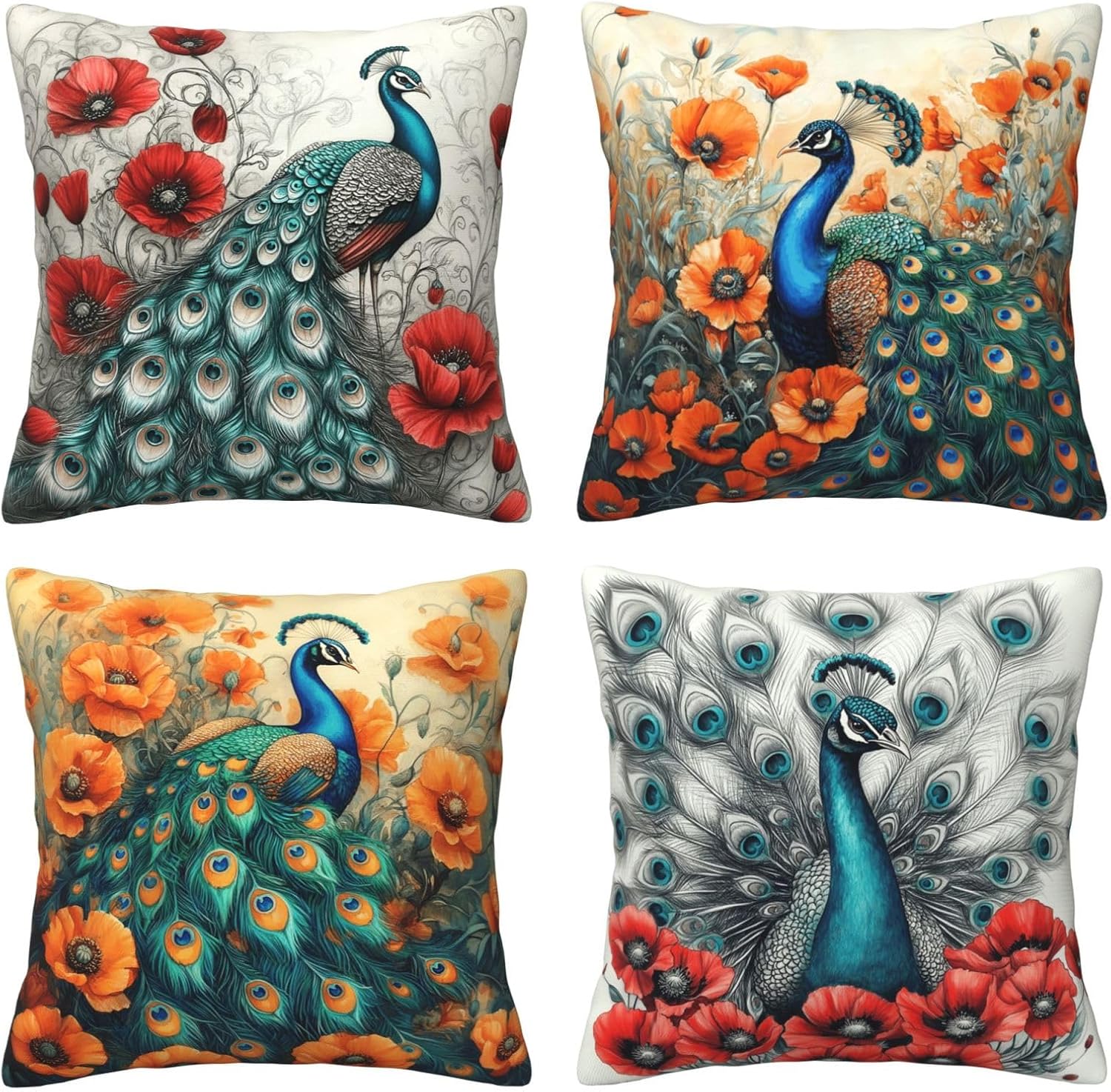 Peacock Pillow Covers Set of 4, Poppy Throw Pillow Cover, Floral Prints Decorative Square Pillowcase Cushion Case for Sofa Couch Bed Pillows Home Decor for Living Room Bedroom Outdoor 18"X18"