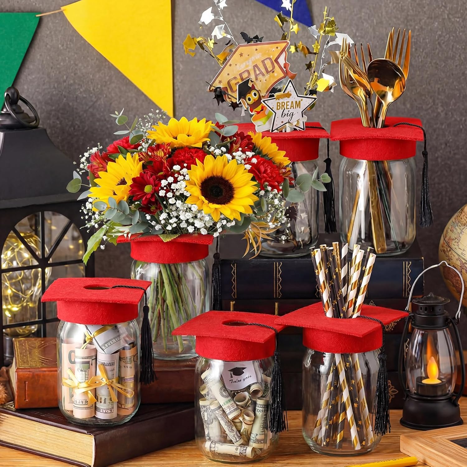 Qinyoung 6 Pcs 2026 Graduation Table Decoration Centerpiece Class of 2026 Graduation Decoration for Table Mason Jar with Grad Cap for Centerpiece Flower College High School Congrat Grad Party (Red) Red 6