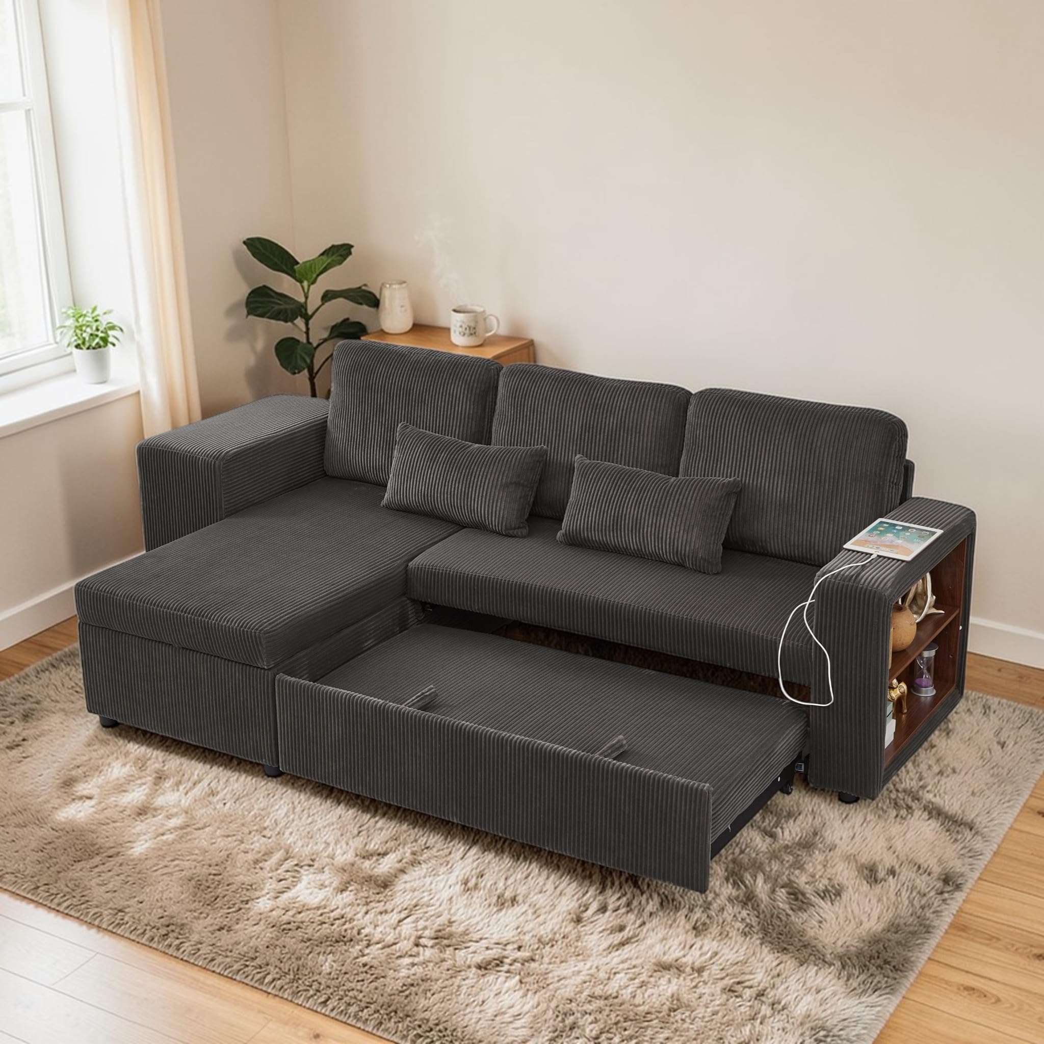 Convertible Sleeper Sofa Bed with Reversible Storage Chaise, USB and Type C Charging Ports, Nesting Footstools, L Shape Sectional (Grey)