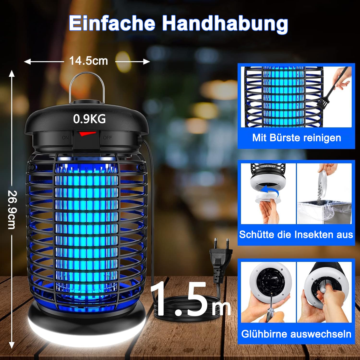 Insektenvernichter elektrisch LED-Beleuchtung, 4200V 15W UV Mückenlampe, Fliegenfalle elektrisch mückenfalle mottenfalle für Innen Außen, IPX4 wasserdicht, Sicher, ungiftig & Geruchsneutral