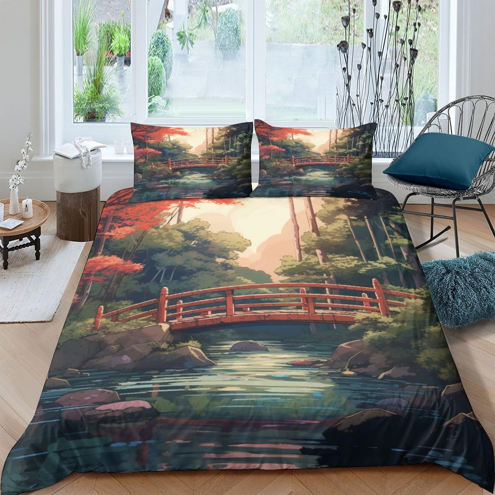 Housses de couettes microfibre IOFEER parure de lit 3 pièces coton paysage 200x200cm