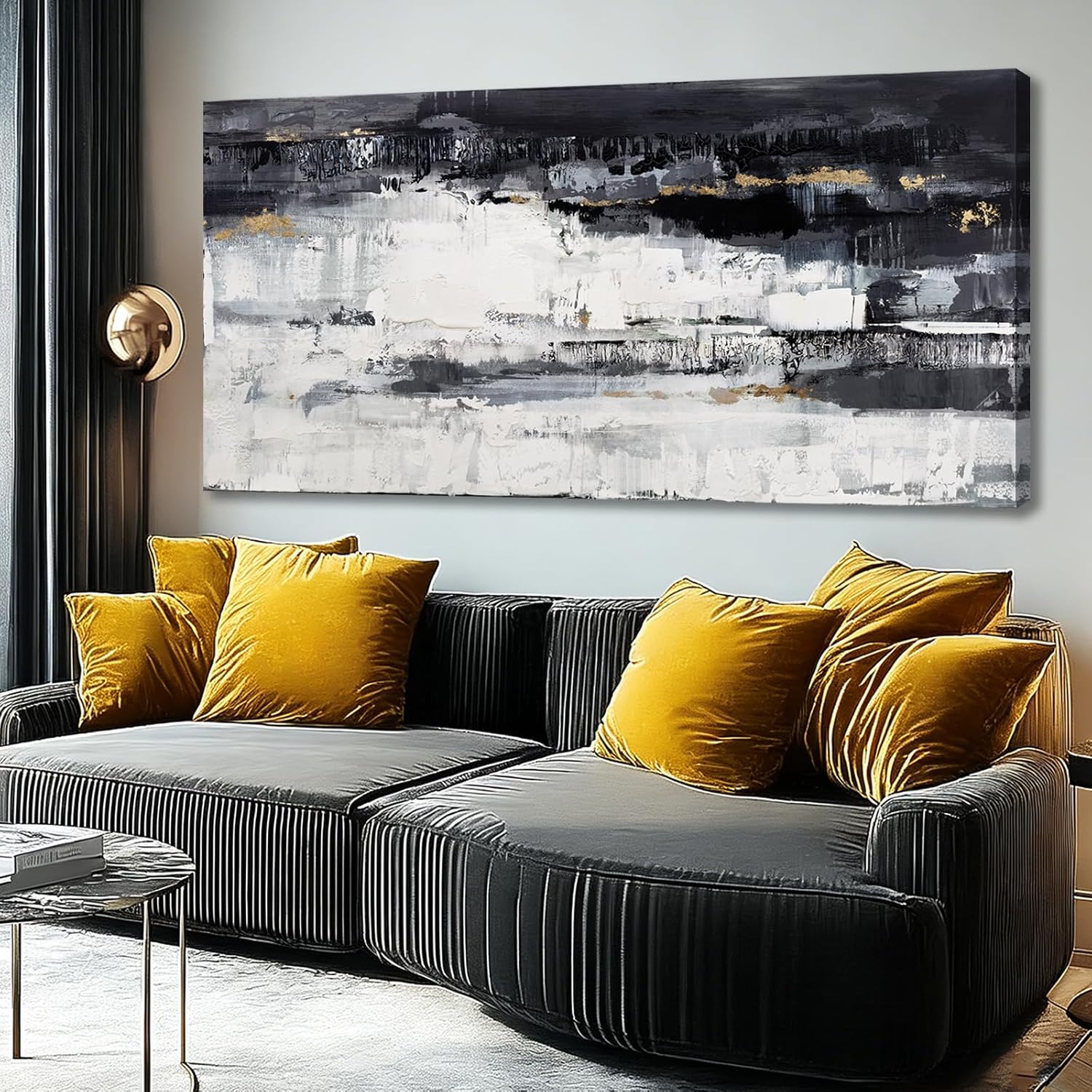 Dolidoteart Canvas Wall Art, Black White Gray Abstract Wall Art Print, Modern Gold Accent Horizontal Artwork for Living Room Bedroom Office, Grey, SIMILAR TO STOCK PHOTO, 24x18