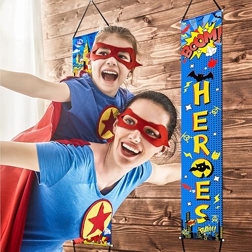 Miniatura 5 de Chinco Decoraciones de héroe de tienda, telón de fondo, letrero de porche, decoración colgante de bienvenida para fiesta de héroe súper divertido,