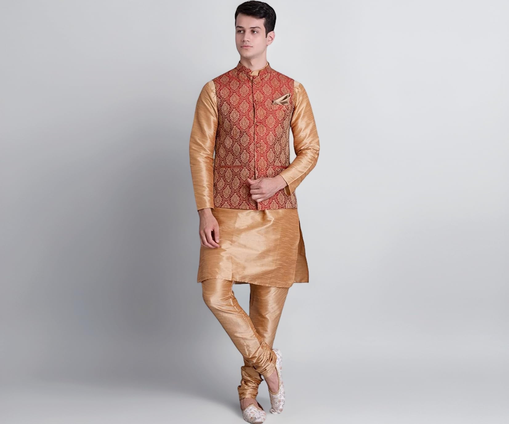 Uri and MacKenzie Men's Silk Blend Kurta Churidar Pyjama with Stylish Nehru Jacket
