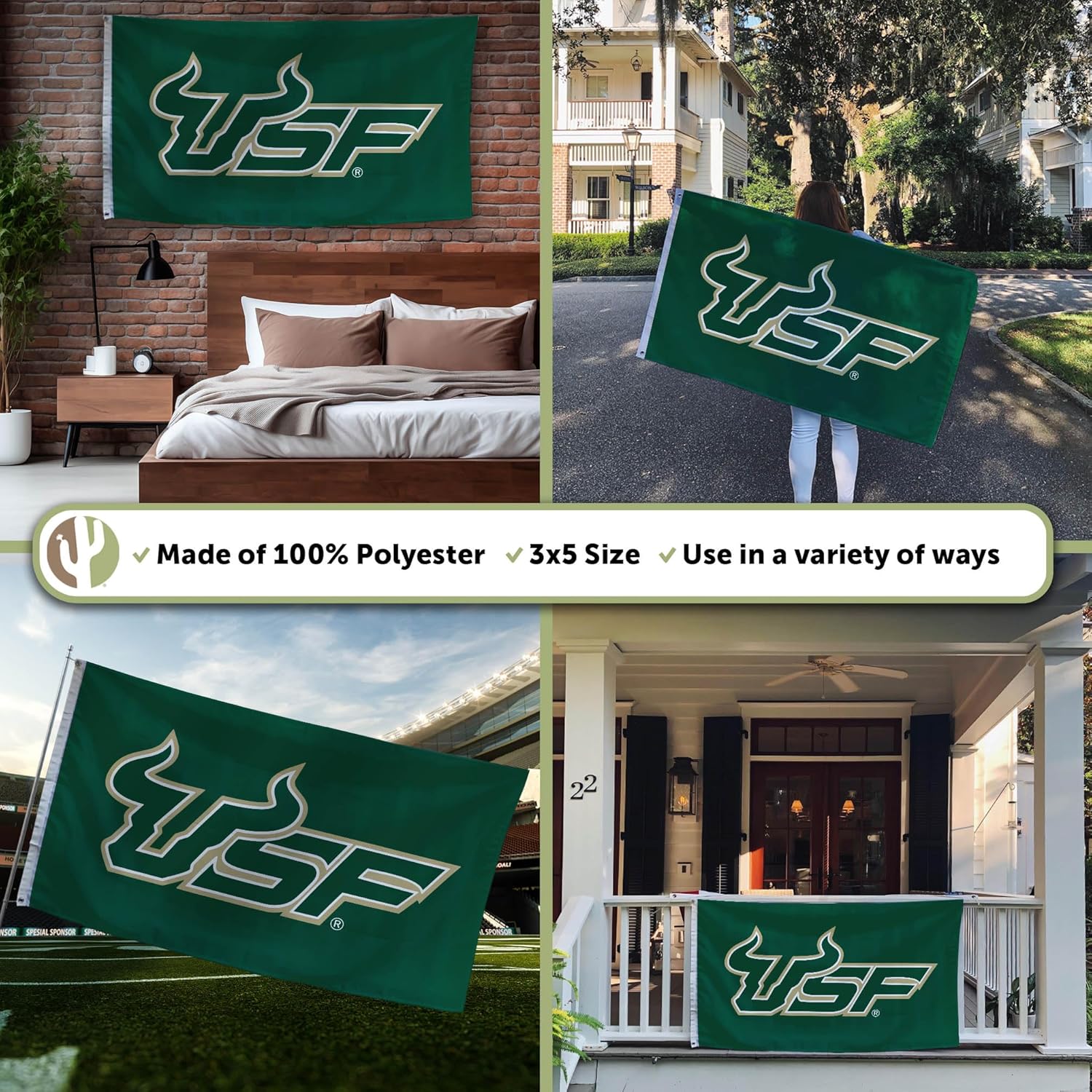 Desert Cactus University of South Florida USF Flag - 3 x 5 Feet Bulls Banner, Indoor/Outdoor Durable Fabric, 100% Polyester Design (Style 1) - Image 3