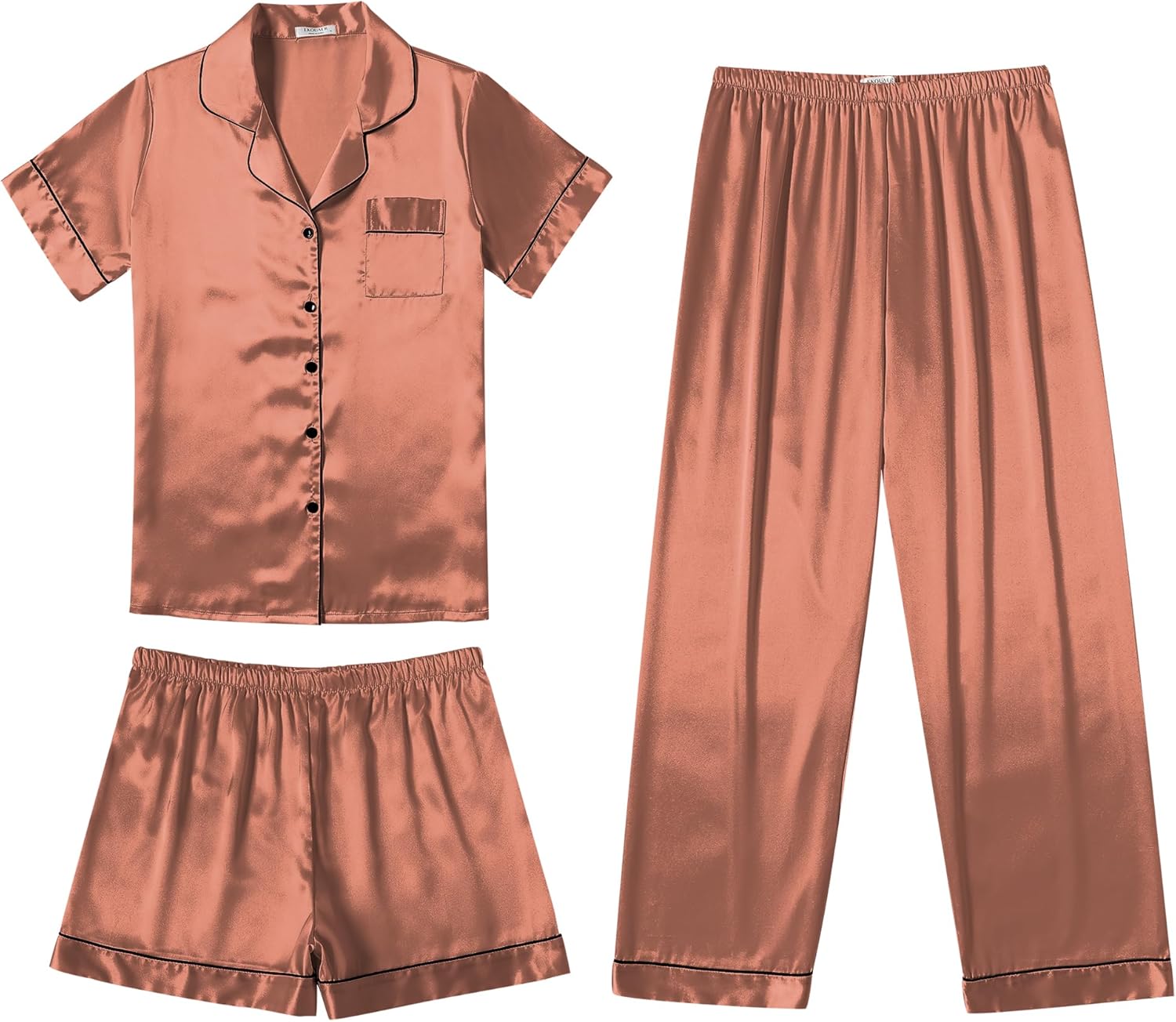 Ekouaer Silk Pajamas for Women Set Satin Pjs Soft Short Sleeve Button Down Sleepwear 3 Piece Loungewear S-XXL