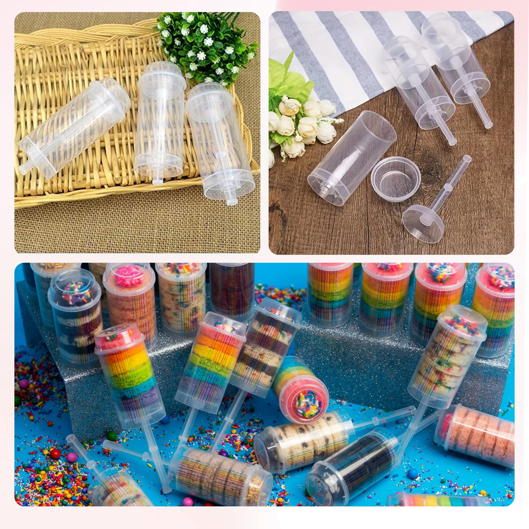 WALWAL Juego de 60 recipientes para tartas, plástico duradero apto para alimentos, reutilizable, con tapas y palos para panaderías, bodas, fiestas.