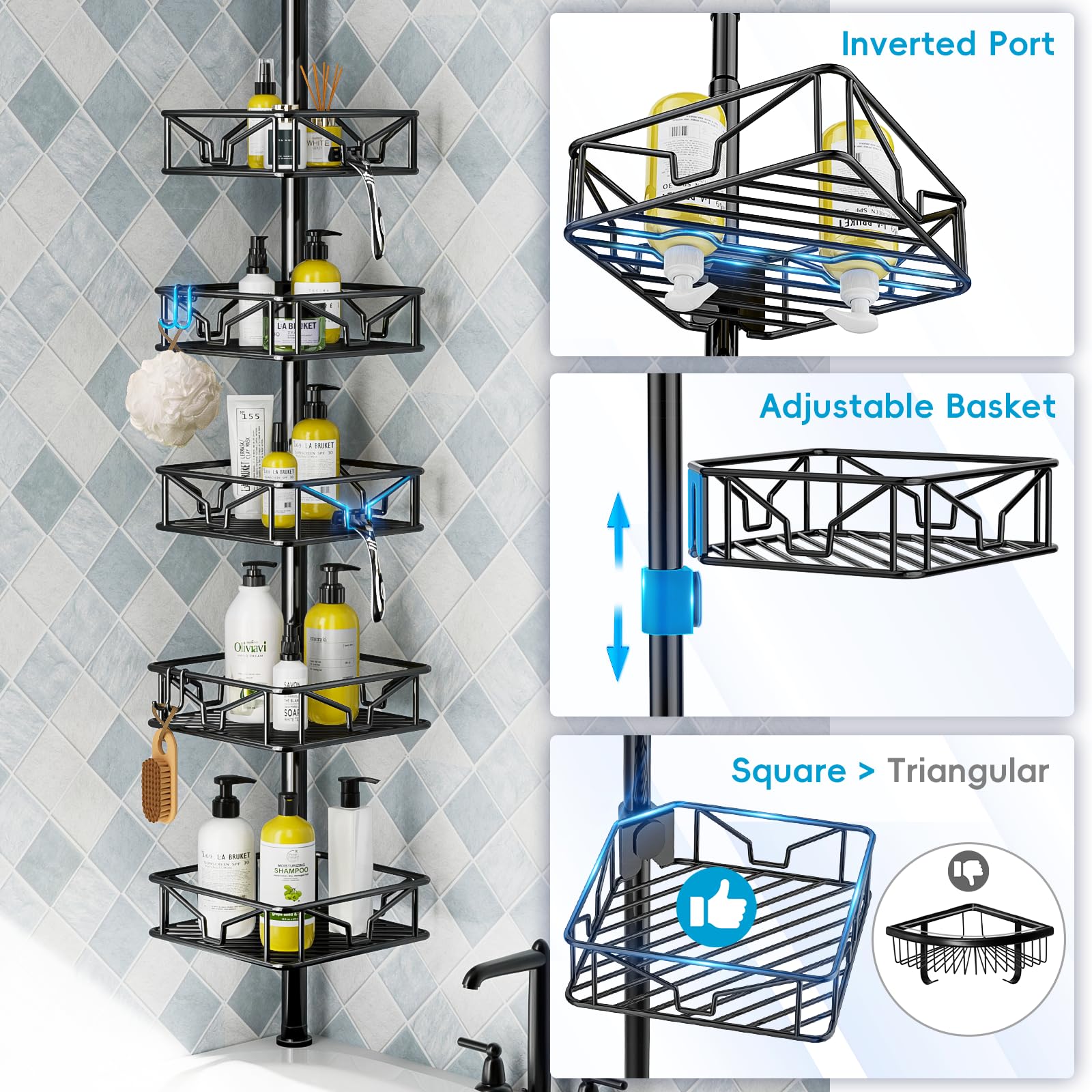 Bomclap Scaffale telescopico per doccia nero