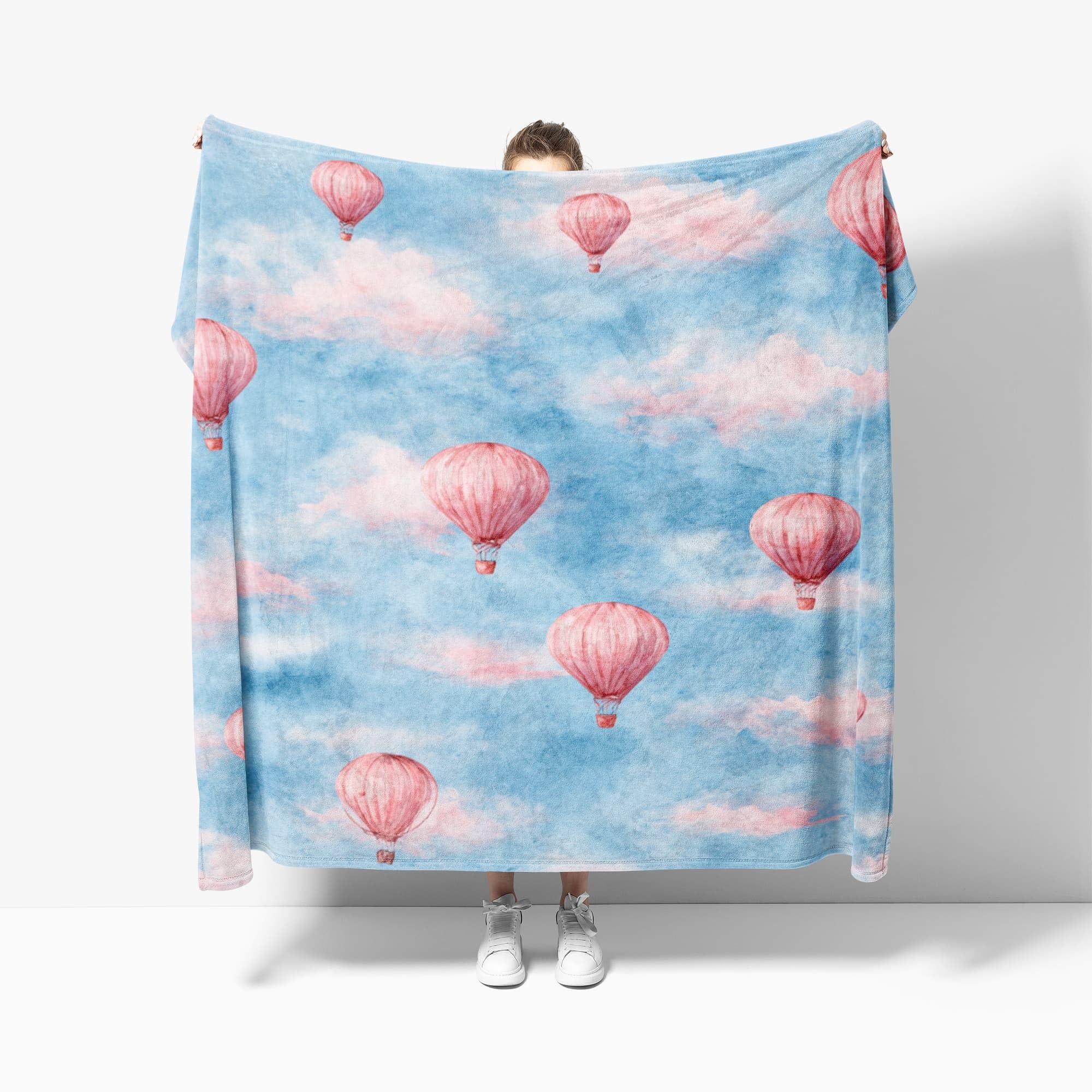 Koc polarowy, sherpa, puszysty, flanelowy, super king, 180 x 220 cm, romantyczny akwarela, balon na gorące powietrze, miękki, ciepły, przytulny, narzuta, koc, niebieski, do sypialni, salonu, biura