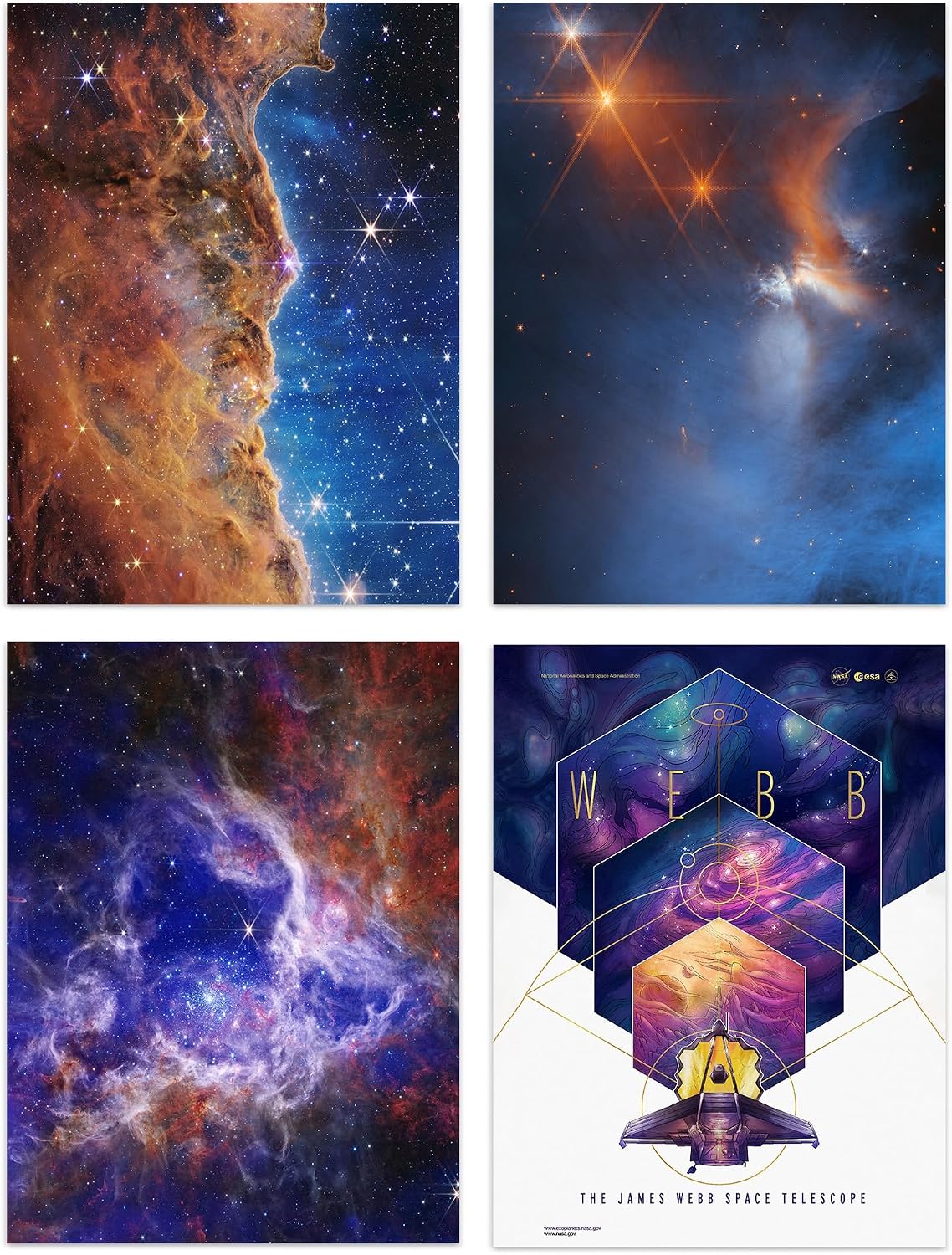 Artery8 Pack of 4 NASA James Webb Space Telescope Images Cosmic Cliffs Carina Nebula Stellar Lifecycle 30 Doradus Stars Unframed A4 Wall Art Living Room Prints Set