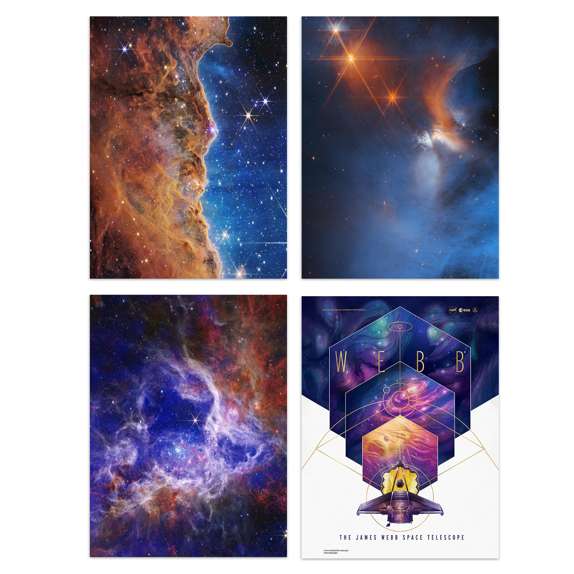 Artery8 Pack of 4 NASA James Webb Space Telescope Images Cosmic Cliffs Carina Nebula Stellar Lifecycle 30 Doradus Stars Unframed A4 Wall Art Living Room Prints Set โ image 1