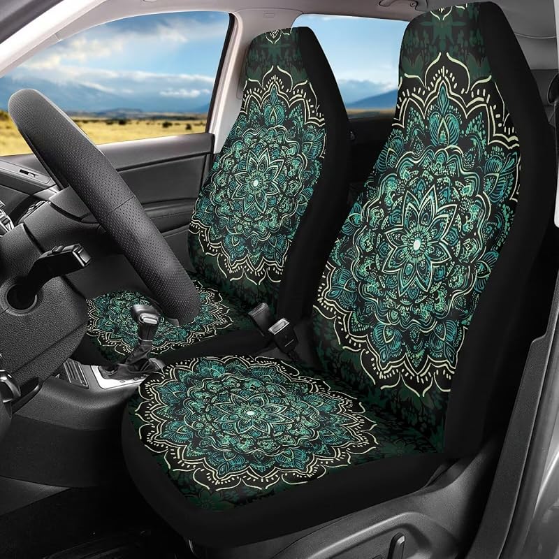 Capa de Banco Automotivo Dianteiro Bulopur Verde com Mandala Boho em Poliéster Kit com 2 Peças