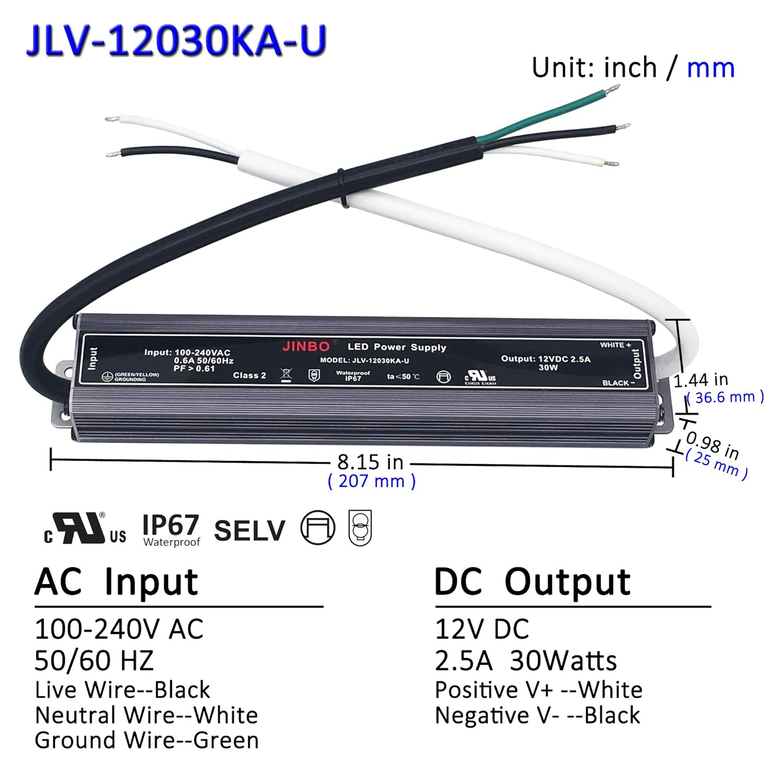 CNBRIGHTER-JINBO 12V DC Power Supply 60W, 100V-130V AC to 12V DC LED Low Voltage Transformer,IP 67 Waterproof Converter Constant Voltage LED Driver for Lightings (60 Watts)