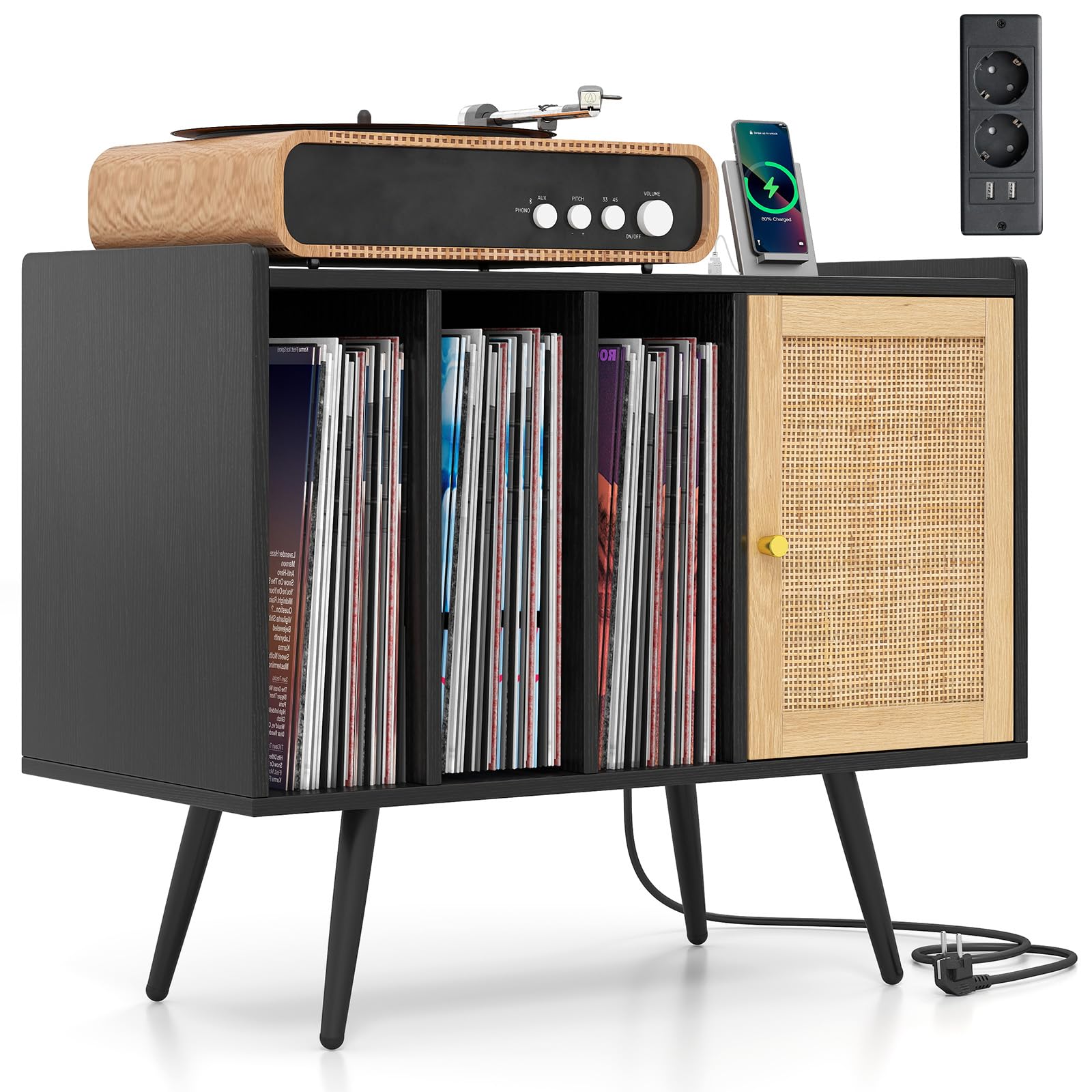 COSTWAY Meuble Vinyle avec Prise, Rangement Vinyle pour 220 Albums, Rangement CD/DVD Manga, Armoire à Porte Cannage,Support pour Tourne-disque, Meuble Hifi pour Salon, Chambre (Noir)