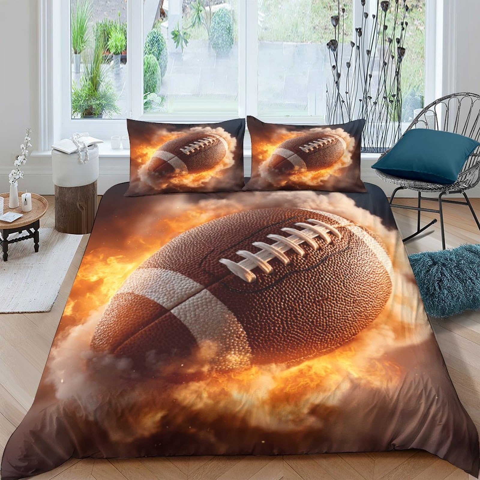 Ctjqhvkz Style-7 3D Printed Fire Football Fitted Sheet Microfiber Soft Mattress Cover For Bedroom Guest Room Sports Theme Decor Single（135X200cm）