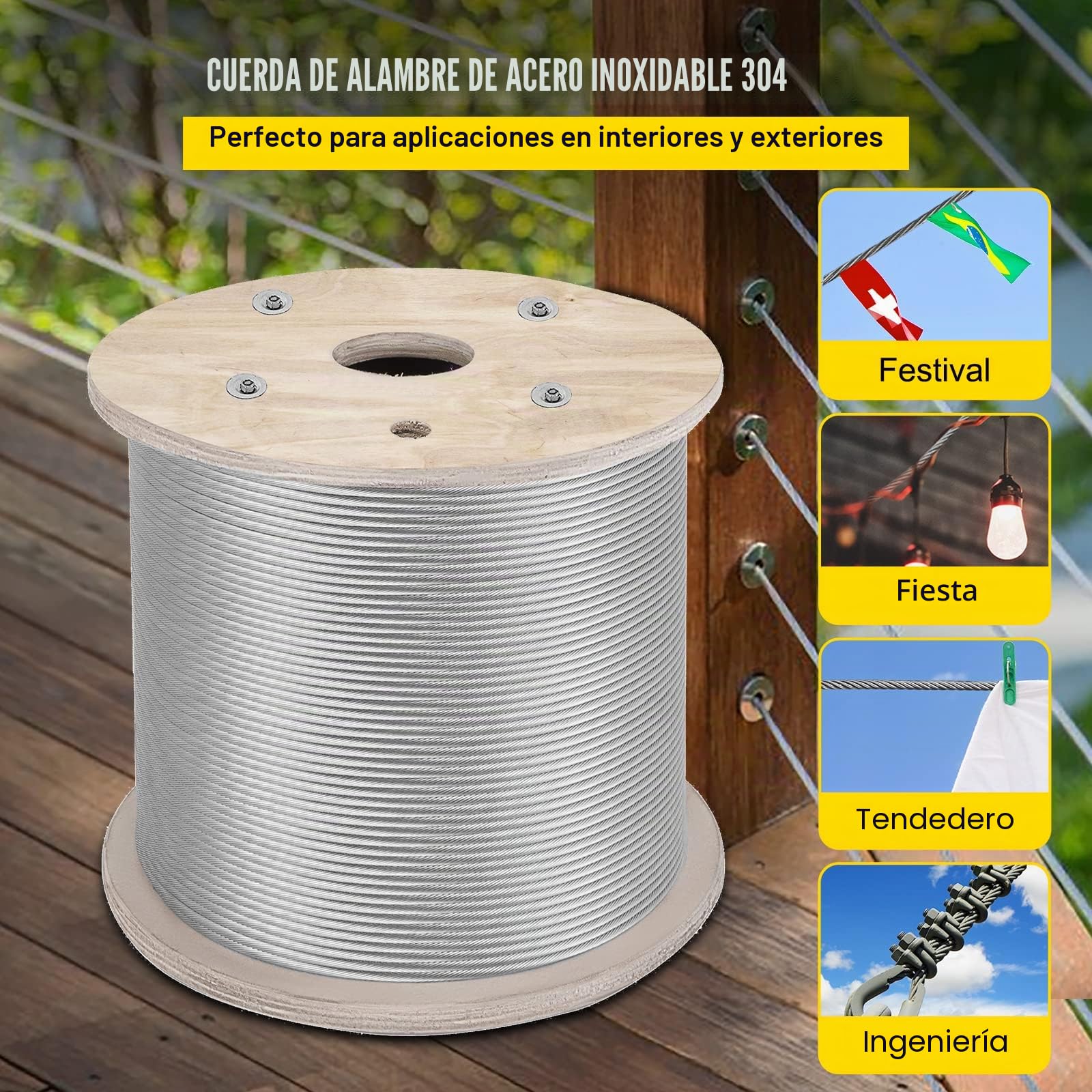 VEVOR Cable de Acero Inoxidable de 6,4 mm x 61 m, Cable Trenzado de Acero Inoxidable 7 x 19 Grado Marino, Resistencia a la Rotura 2900 kg para Barandillas, Guirnaldas de Luces Colgantes, Vallas