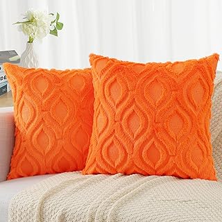 decorUhome Fall Decorative Throw Pillow Covers 22x22 Set of 2, Soft Plush Faux Wool Couch Pillow Covers for Home, Orange