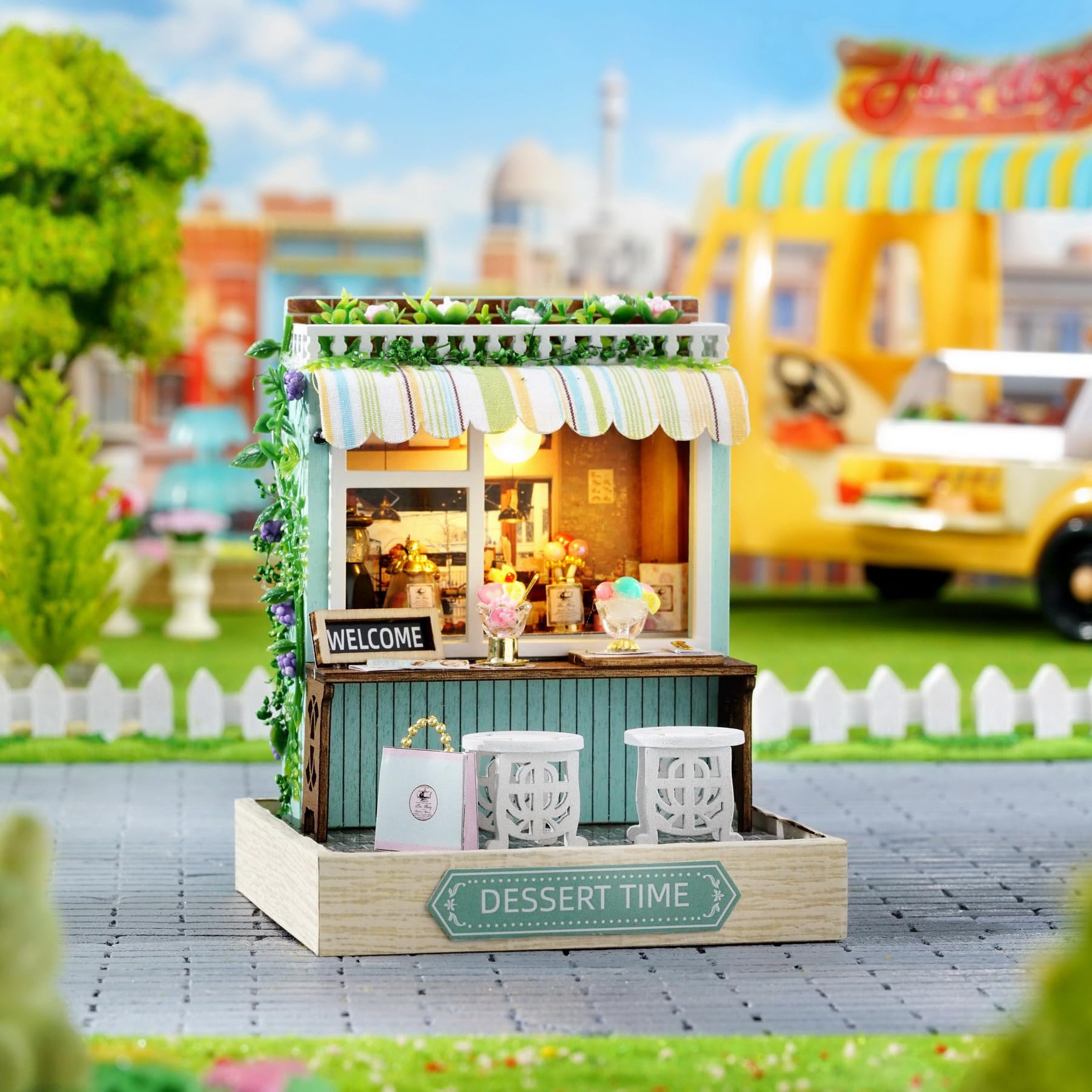 CUTEROOM DIY Miniature House Kit, Wooden Dollhouse Kit Mini House Making Kit with Furnitures and Dust Cover (Dessert Time) - Image 3