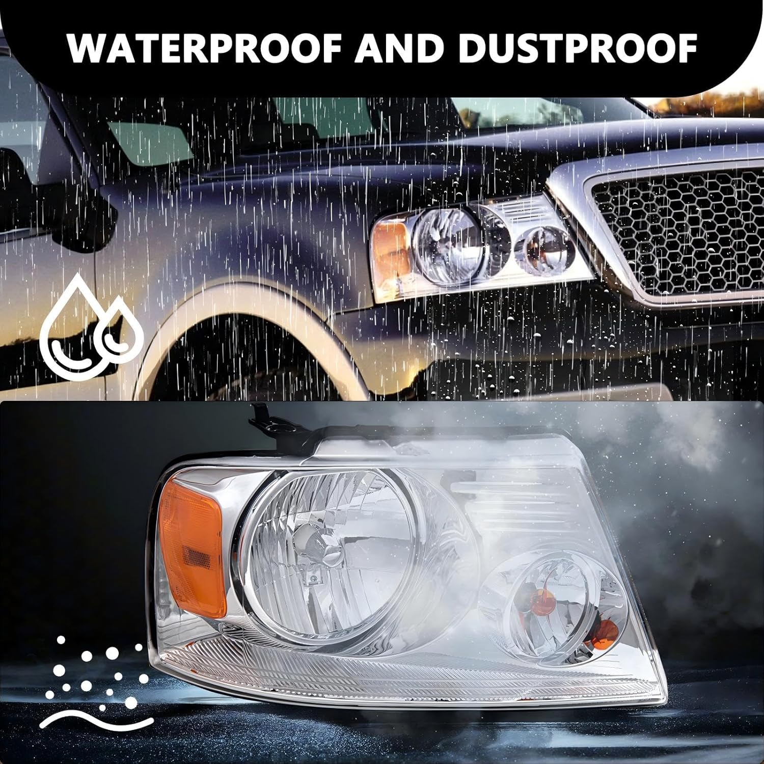 Aosky Headlight Assembly Compatible with 2004 2005 2006 2007 2008 Ford F150 OE Halogen Headlamp Chrome Housing with Amber Reflector