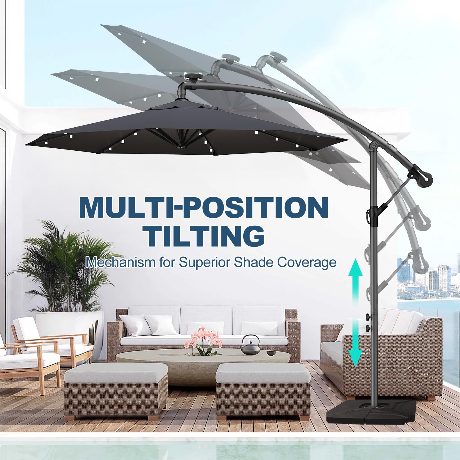 Ampelschirm 300-350cm – 360° drehbarer Kurbelschirm mit UV40+ & wasserabweisend, wahlweise mit oder ohne Solar-LED, inklusive Kreuzbasis für Garten & Terrasse