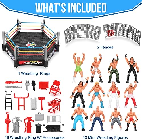 Vista 2 de 34 piezas de juguetes de lucha libre para niños, figuras de acción para niños de 3 a 12 años, figuras de acción de lucha libre, 2 anillos de lucha