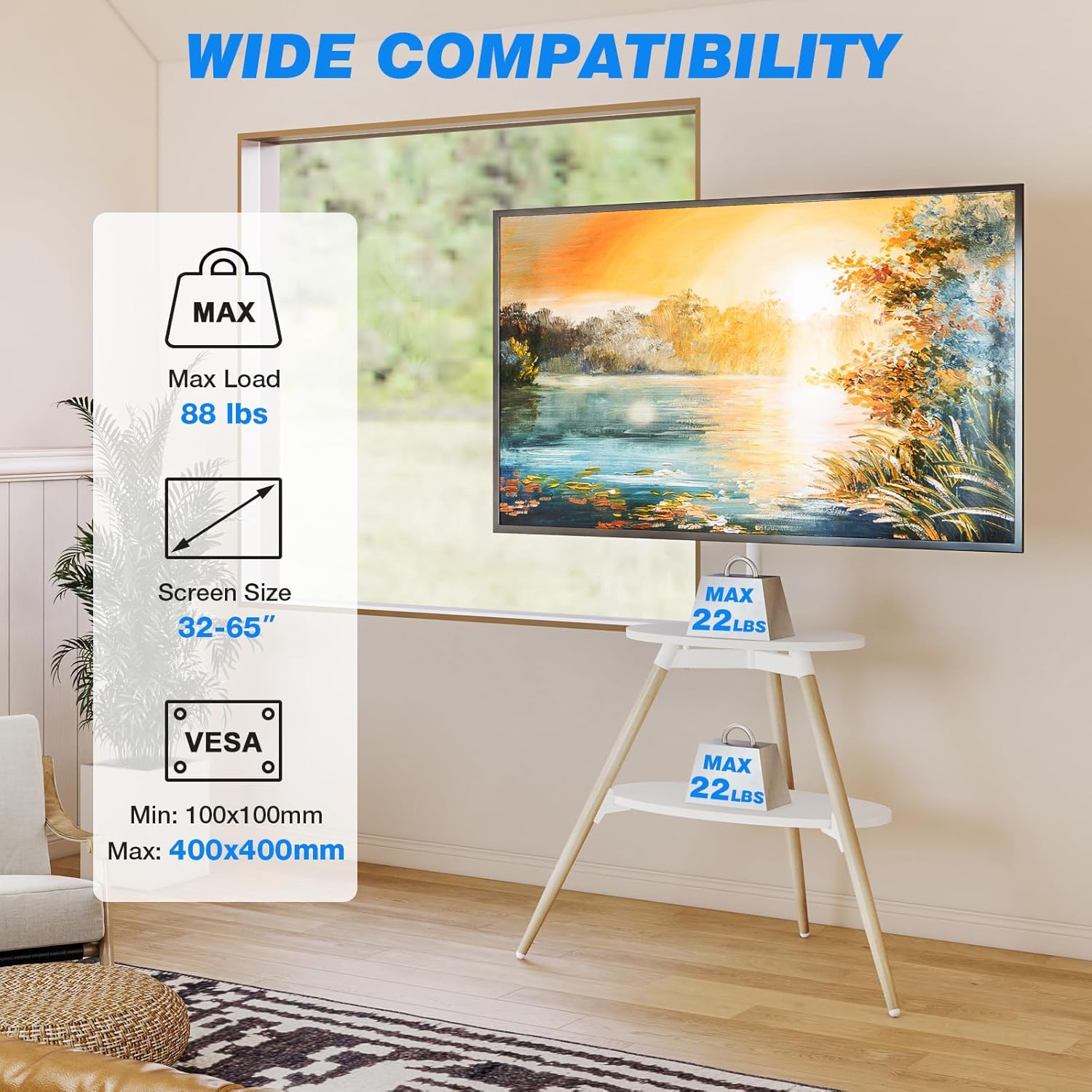 Infographic detailing the wide compatibility of the Rfiver Easel TV Stand, showing max load of 88 lbs, screen sizes 32-65 inches, and VESA patterns 100x100mm to 400x400mm.