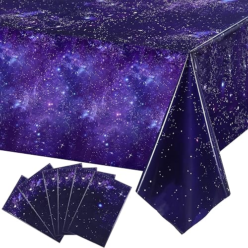 Tatuo Paquete de 6 manteles rectangulares de plástico con galaxia, estrella espacial, nebulosa morada, desechable, cielo nocturno estrellado, para