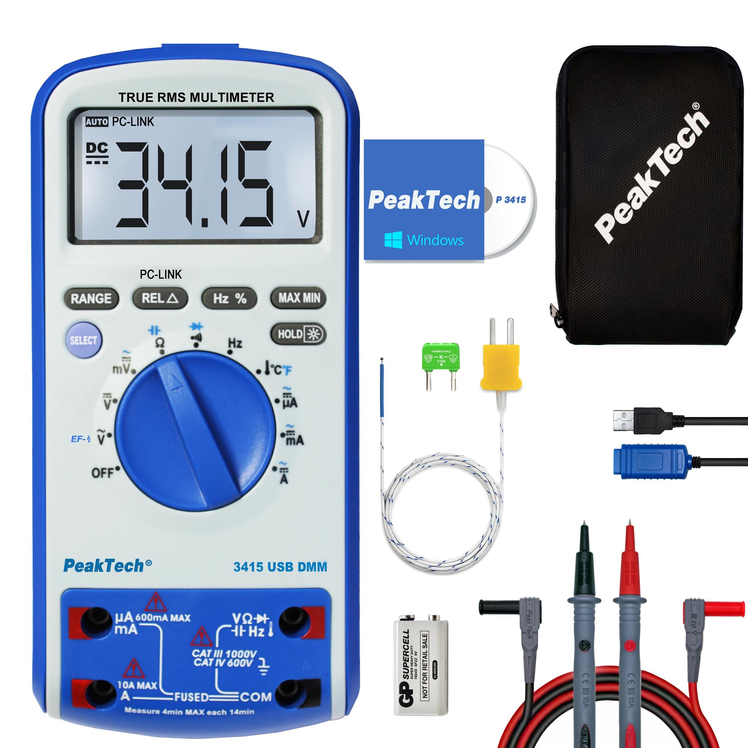 PeakTech P 3415 – TRUE RMS Digital Multimeter 6000 Counts mit USB, Durchgangsprüfer, Temperatur und Autorange - Cat III 1000V/ CAT IV 600V