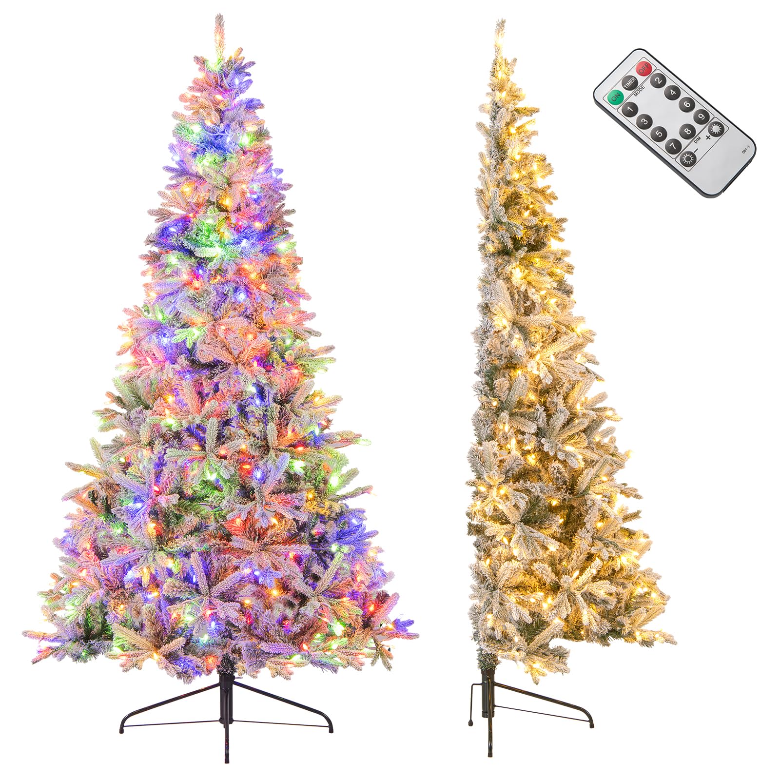 GYMAX 180cm Demi Sapin de Noël Artificiel Lumineux, 180 Lumières LED Blanc Chaud & Multicolores, Télécommande pour 9 Modes d'Éclairage et Minuterie, 652 Branches Floquées de Neige, Décoration Festive