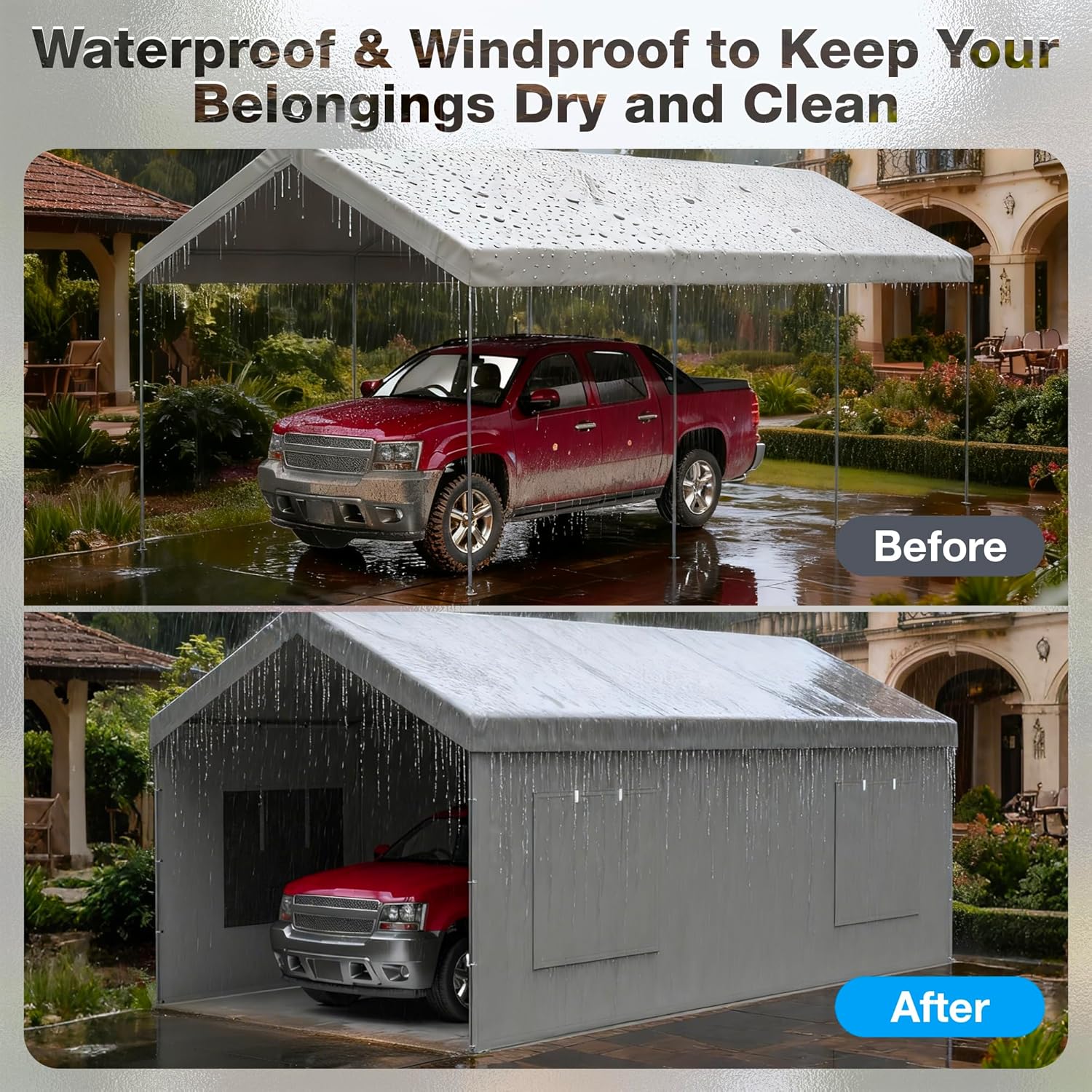Carport Canopy Replacement Sidewall 20x6.6 FT Fits 10x20, 12x20, 20x20 FT Carport with Roll-up Windows, Waterproof & UV Protected, Easy Assembly with Ball Bungees, Grey (Sidewalls Only, 2 Pack)