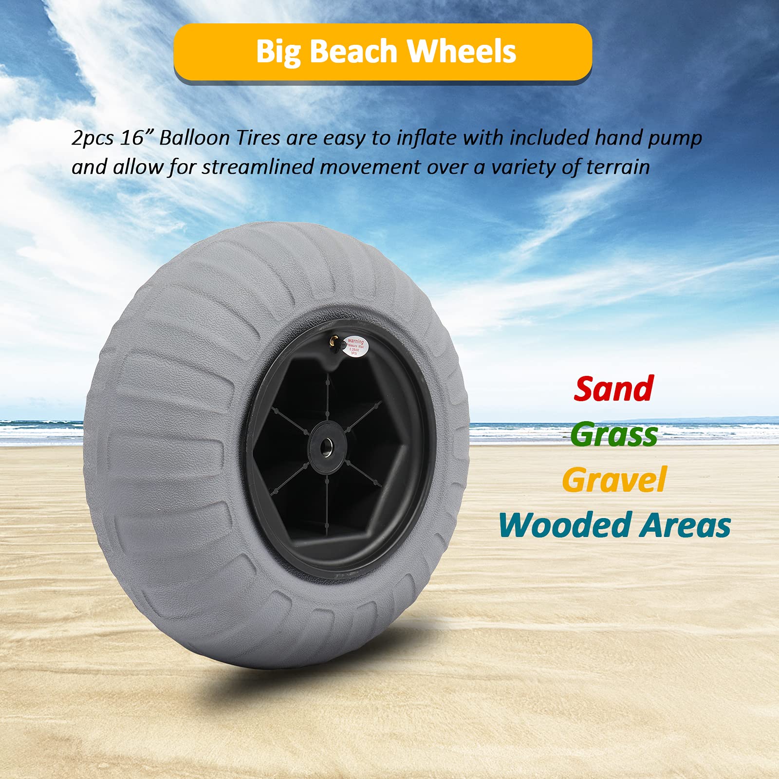 Bonnlo Balloon Wheels 16" Replacement Big Beach Sand Tires Axle 20mm