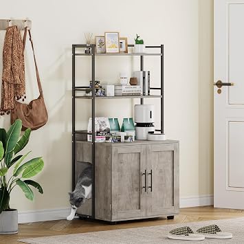 Cat Litter Box Enclosure with Shelf Storage, 2-in-1 Hidden Cat Washroom Furniture, Indoor Cat Cabinet, Hidden Cat Box Enclosure with 3 Shelves and Door, Cat House for Most Litter Box,Grey