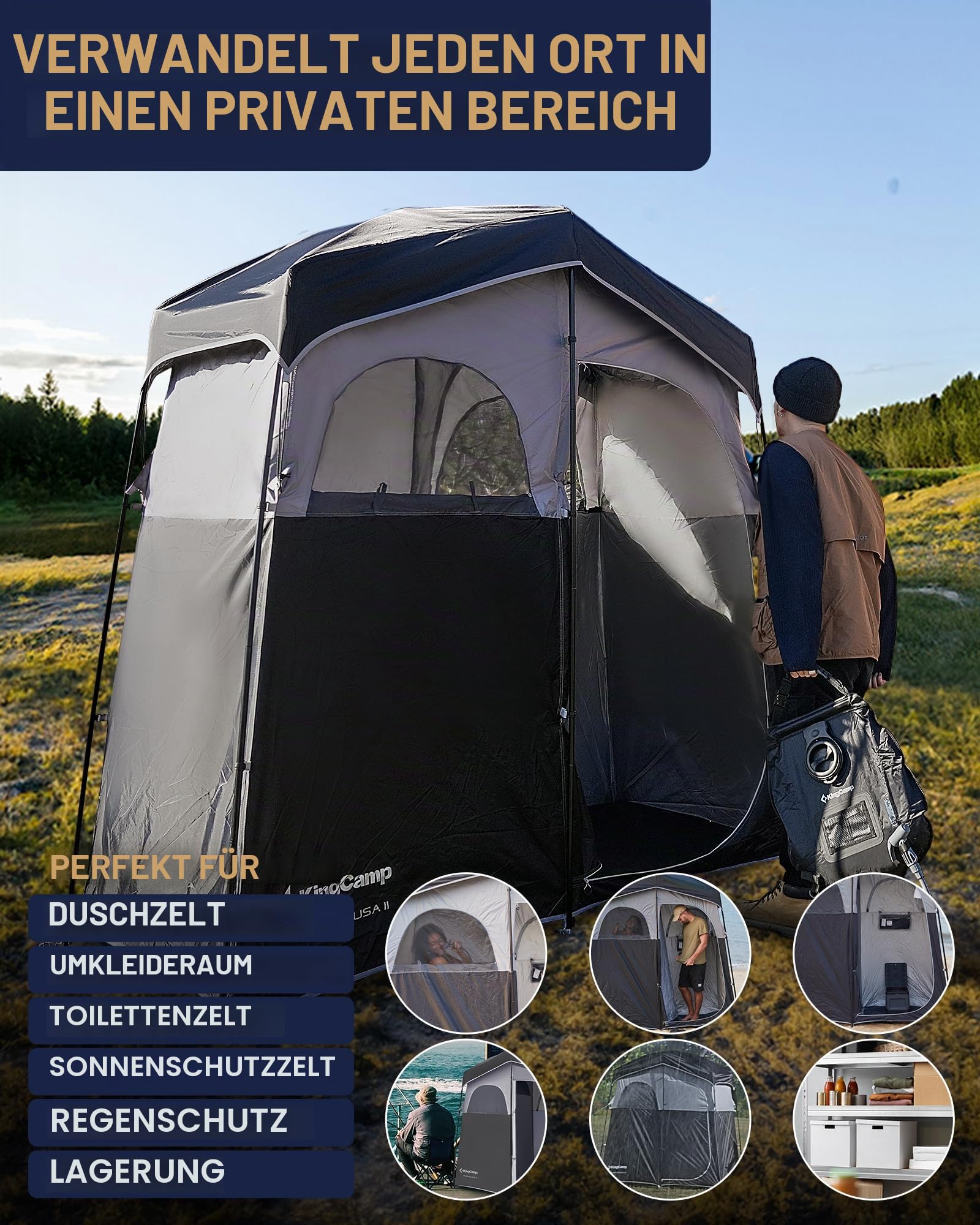 KingCamp Übergroße Outdoor-Duschzelte für Camping, Ankleidezimmer, tragbarer Unterschlupf, Umkleidekabine, Dusche, Privatsphäre, Einzel-/Doppelduschzelt, 200 x 105 x 203 cm
