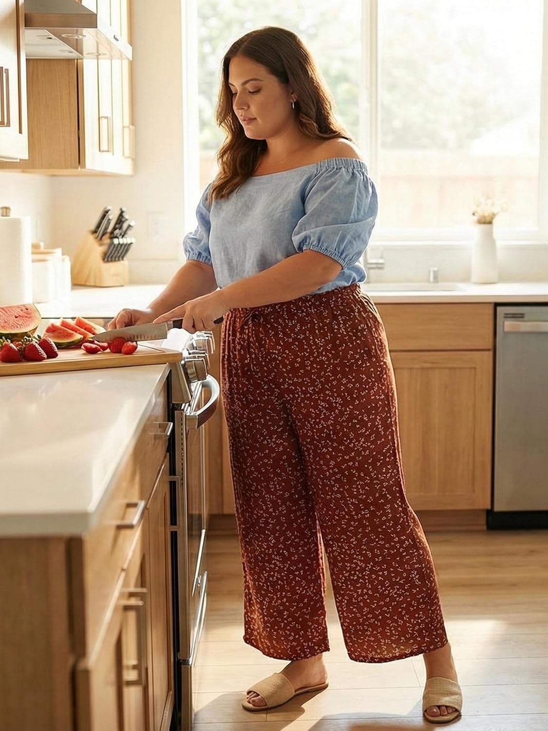 Lastshe Women's Plus Size Wide Leg Pants High Waist Loose Casual Palazzo Trousers with Pockets Spring Clothes - Image 7